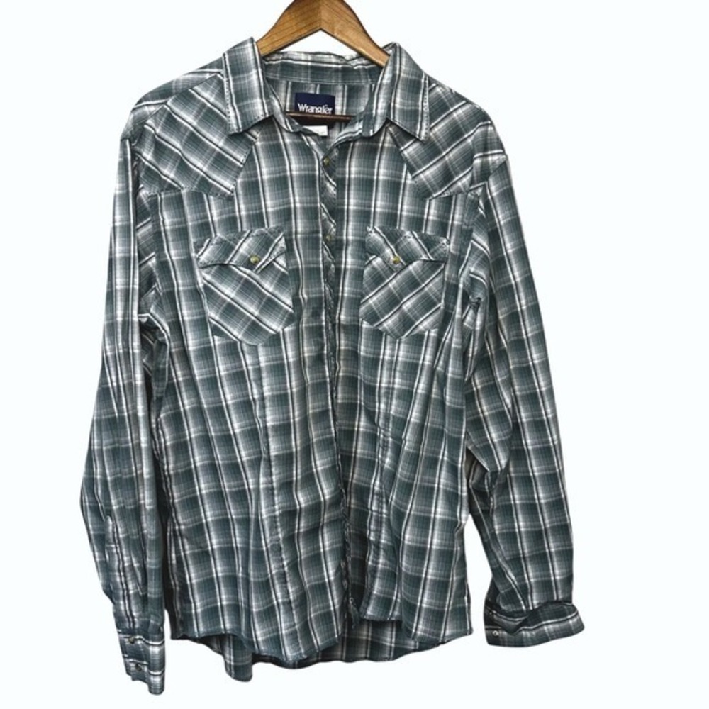 Wrangler Western Plaid Snap Shirt – XL – Pearl Snaps, Blue/Green Gray Check